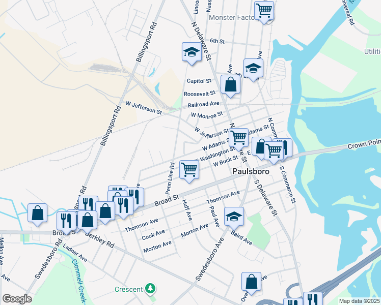 map of restaurants, bars, coffee shops, grocery stores, and more near 227 West Adams Street in Paulsboro