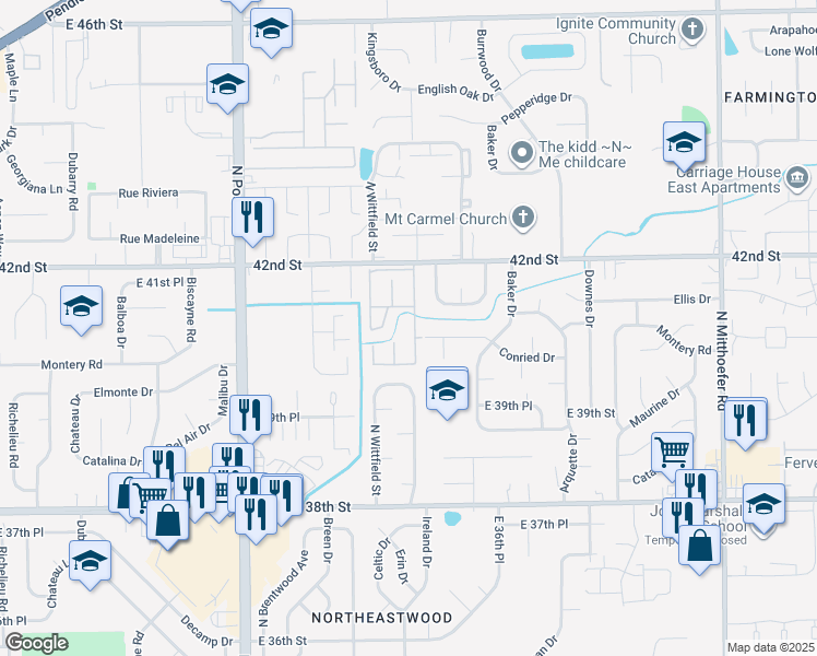 map of restaurants, bars, coffee shops, grocery stores, and more near 4044 Cordell Street in Indianapolis