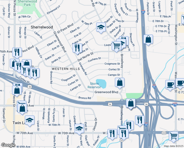 map of restaurants, bars, coffee shops, grocery stores, and more near 461 Campo Street in Denver
