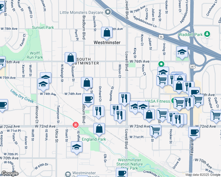 map of restaurants, bars, coffee shops, grocery stores, and more near 7395 Wilson Court in Westminster