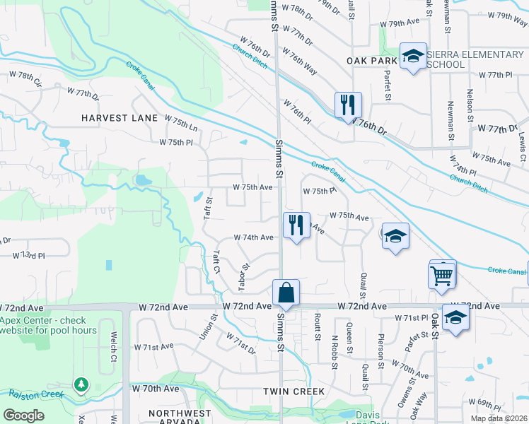 map of restaurants, bars, coffee shops, grocery stores, and more near 11616 West 74th Way in Arvada