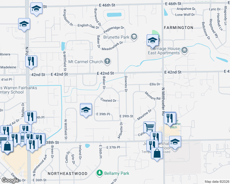 map of restaurants, bars, coffee shops, grocery stores, and more near 9706 Conried Drive in Indianapolis