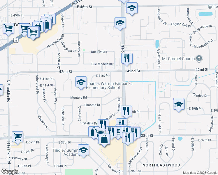 map of restaurants, bars, coffee shops, grocery stores, and more near 4047 Biscayne Road in Indianapolis
