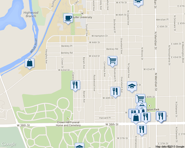 map of restaurants, bars, coffee shops, grocery stores, and more near 4109 Rookwood Avenue in Indianapolis