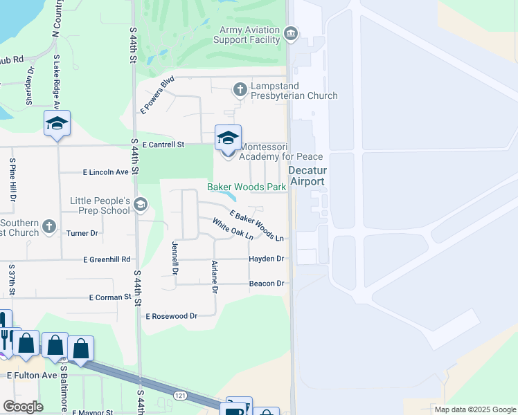 map of restaurants, bars, coffee shops, grocery stores, and more near 4800 East Baker Woods Lane in Decatur