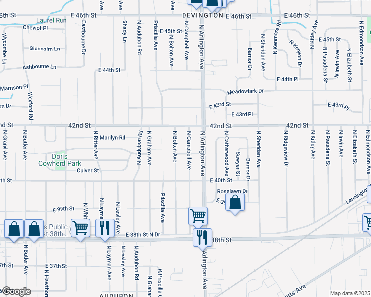map of restaurants, bars, coffee shops, grocery stores, and more near 4108 North Campbell Avenue in Indianapolis