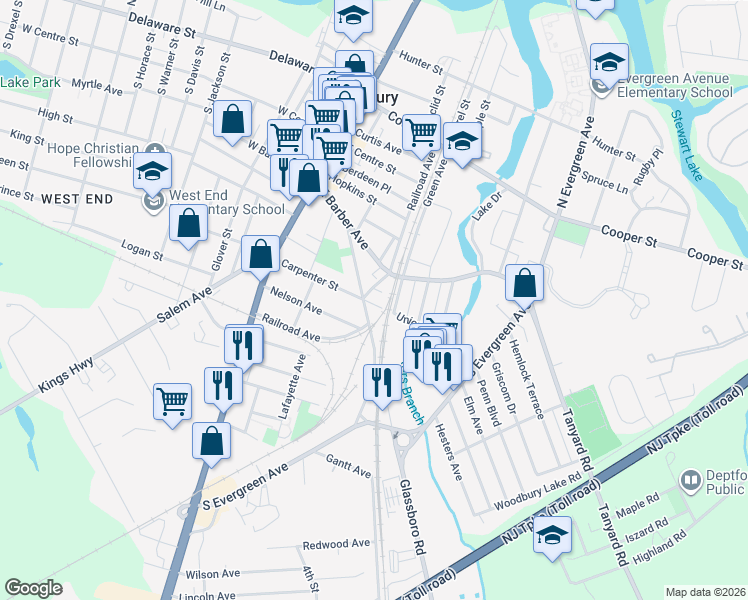 map of restaurants, bars, coffee shops, grocery stores, and more near 421 South Barber Avenue in Woodbury