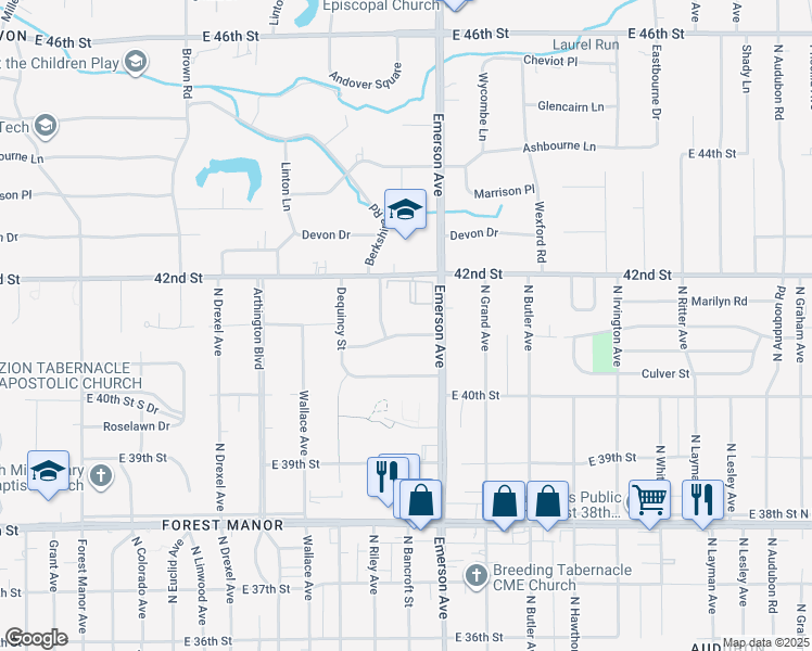 map of restaurants, bars, coffee shops, grocery stores, and more near 5025 East 41st Street in Indianapolis