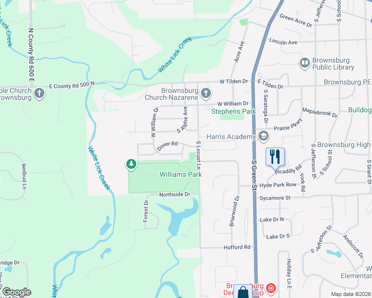 map of restaurants, bars, coffee shops, grocery stores, and more near 301 Weston Road in Brownsburg