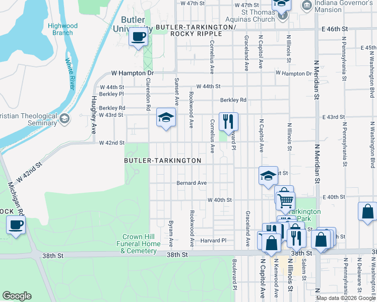 map of restaurants, bars, coffee shops, grocery stores, and more near 4109 Rookwood Avenue in Indianapolis