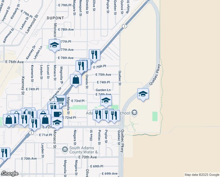 map of restaurants, bars, coffee shops, grocery stores, and more near 7195 Garden Lane in Commerce City