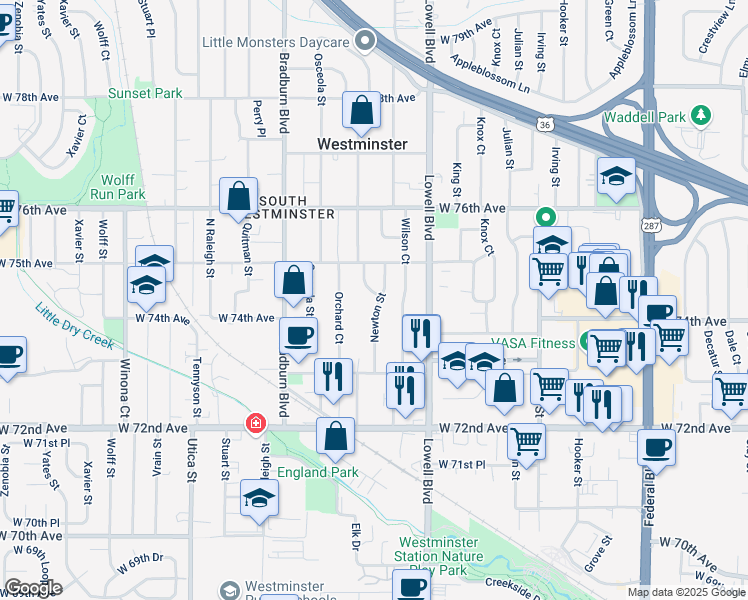 map of restaurants, bars, coffee shops, grocery stores, and more near 7395 Wilson Court in Westminster