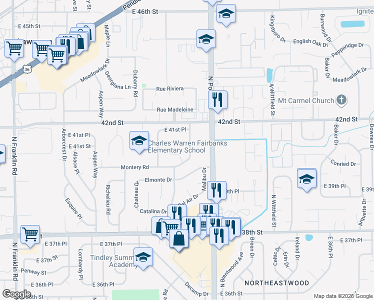 map of restaurants, bars, coffee shops, grocery stores, and more near 4047 Biscayne Road in Indianapolis