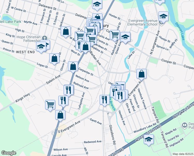 map of restaurants, bars, coffee shops, grocery stores, and more near 71 Carpenter Street in Woodbury