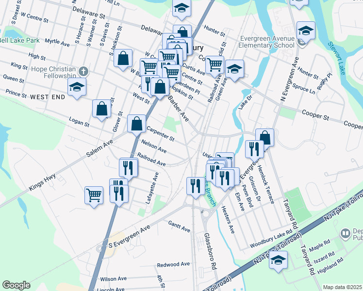 map of restaurants, bars, coffee shops, grocery stores, and more near 71 Carpenter Street in Woodbury