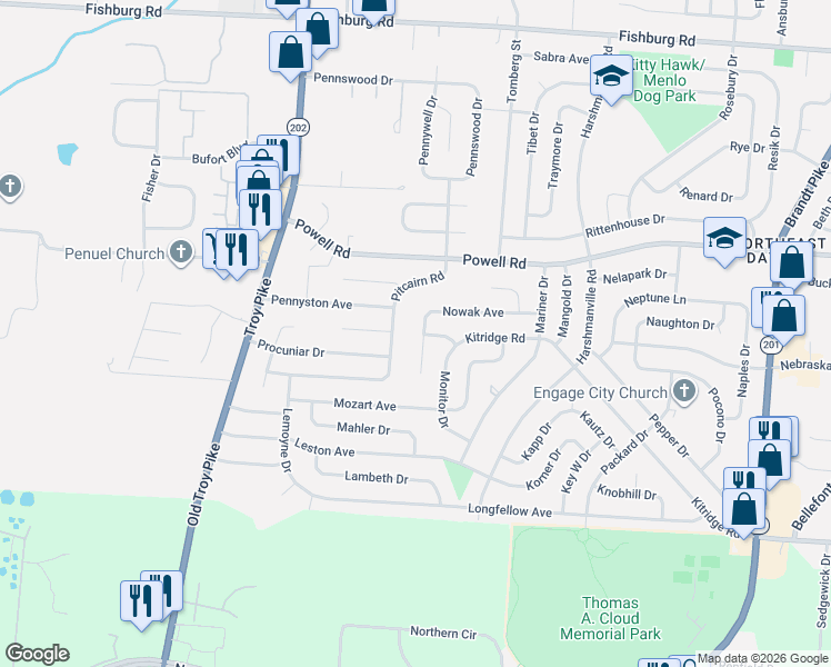 map of restaurants, bars, coffee shops, grocery stores, and more near 4424 Nowak Avenue in Dayton