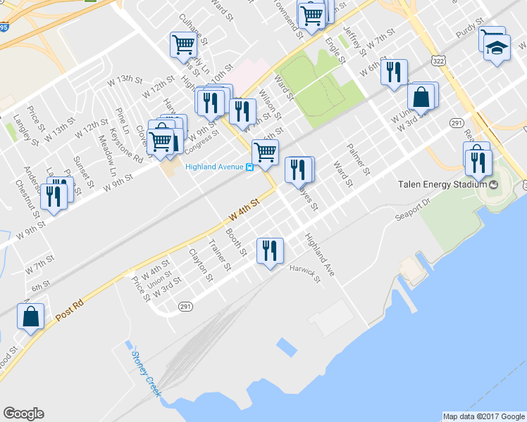 map of restaurants, bars, coffee shops, grocery stores, and more near 310 Thurlow Street in Chester