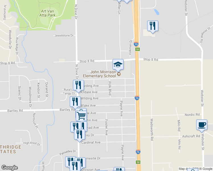 map of restaurants, bars, coffee shops, grocery stores, and more near 2225 Harding Avenue in Dayton