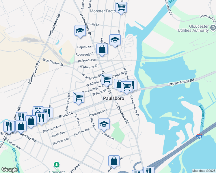 map of restaurants, bars, coffee shops, grocery stores, and more near 1 West Broad Street in Paulsboro