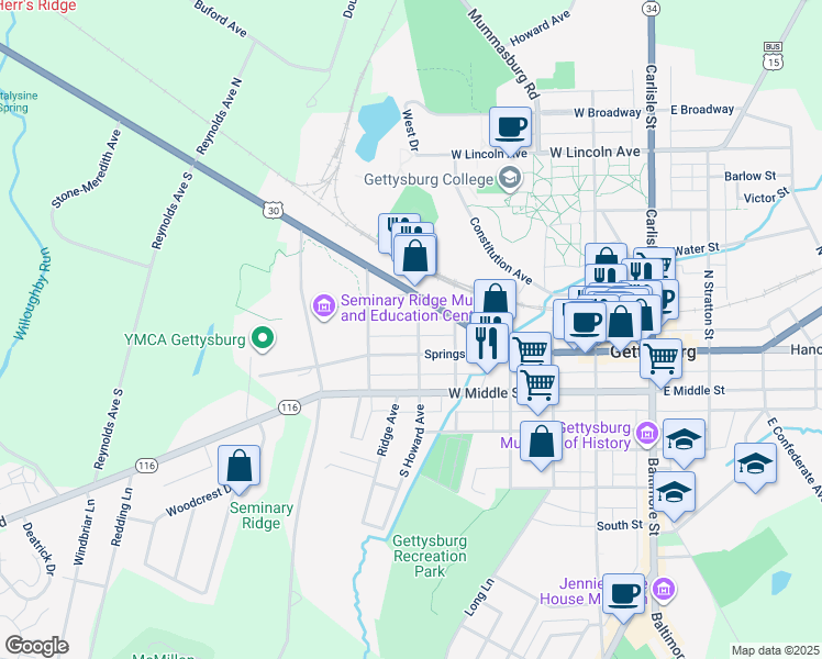 map of restaurants, bars, coffee shops, grocery stores, and more near 36 N Howard Ave in Gettysburg