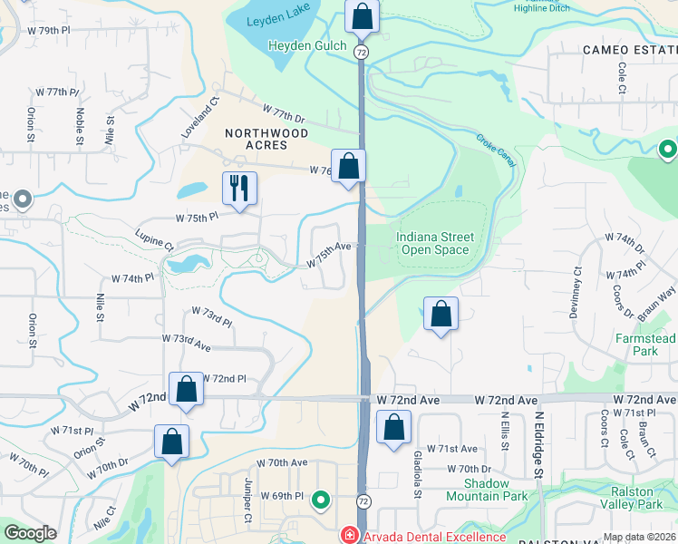 map of restaurants, bars, coffee shops, grocery stores, and more near 7461 Isabell Circle in Arvada