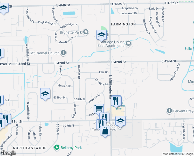 map of restaurants, bars, coffee shops, grocery stores, and more near 9914 Scott Court in Indianapolis