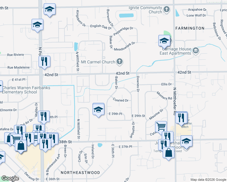 map of restaurants, bars, coffee shops, grocery stores, and more near 9514 Conried Drive in Indianapolis