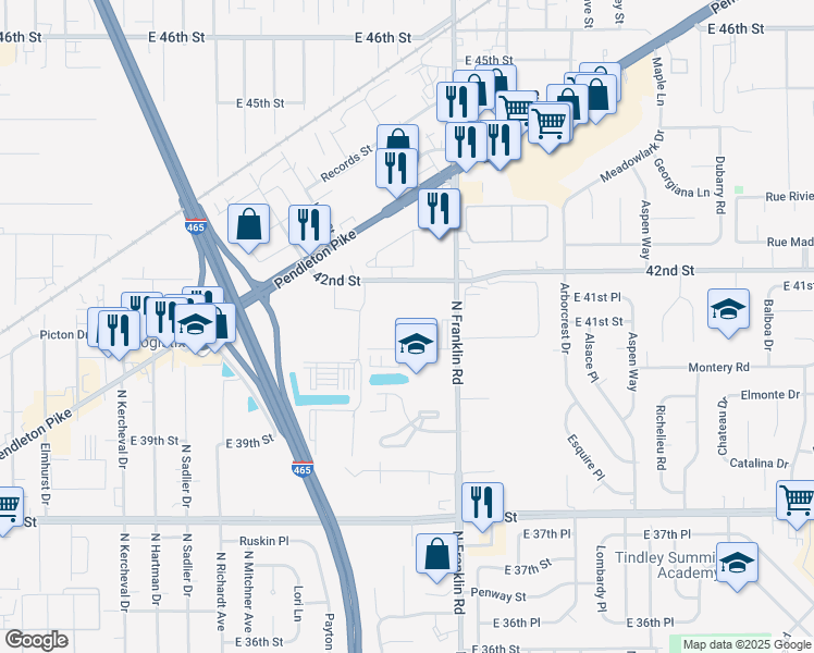 map of restaurants, bars, coffee shops, grocery stores, and more near 4002 North Franklin Road in Indianapolis