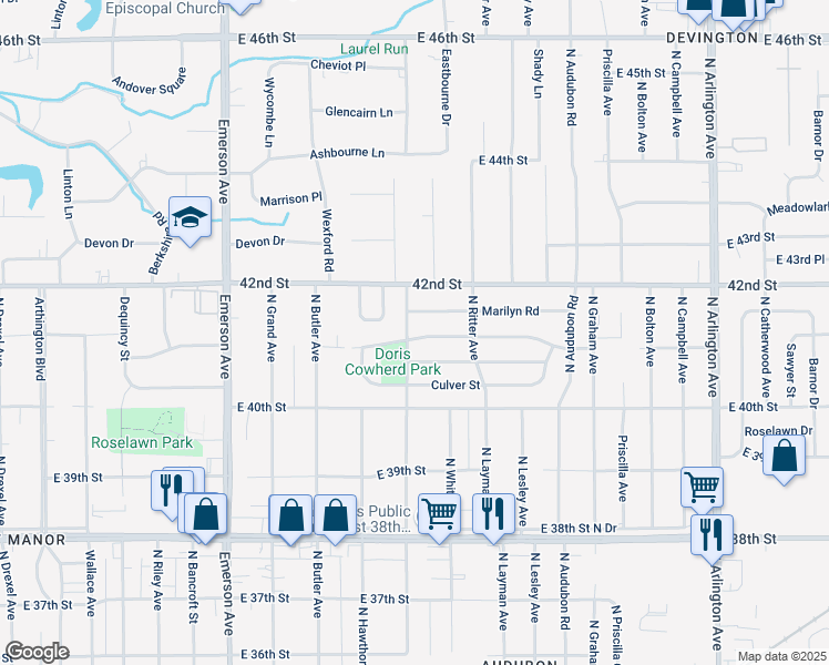 map of restaurants, bars, coffee shops, grocery stores, and more near 5426 Glencoe Street in Indianapolis