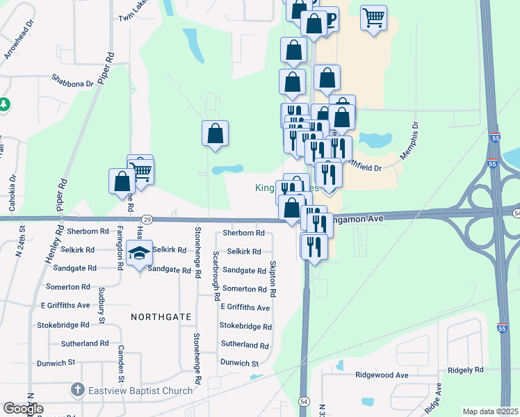 map of restaurants, bars, coffee shops, grocery stores, and more near 2982-3012 Sangamon Avenue in Springfield
