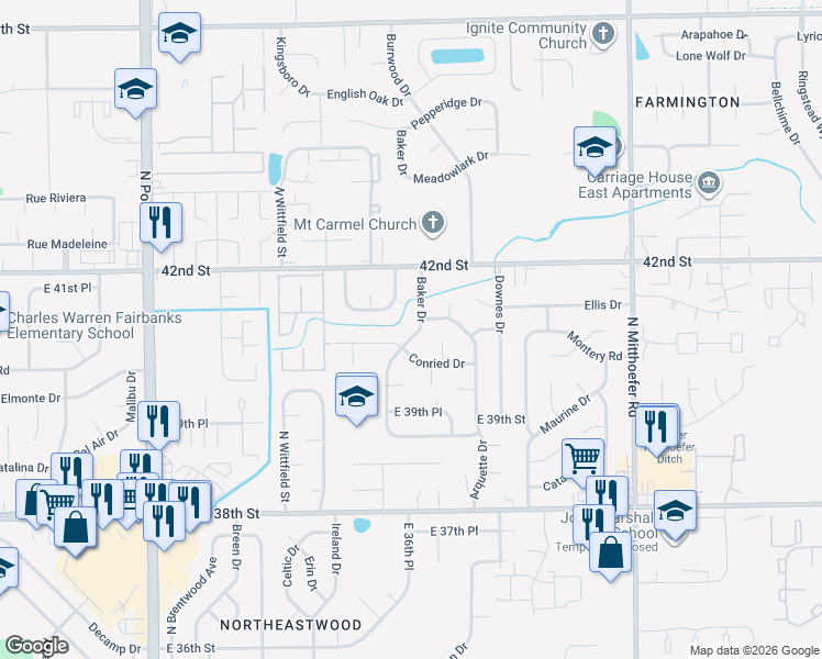 map of restaurants, bars, coffee shops, grocery stores, and more near 9514 Conried Drive in Indianapolis