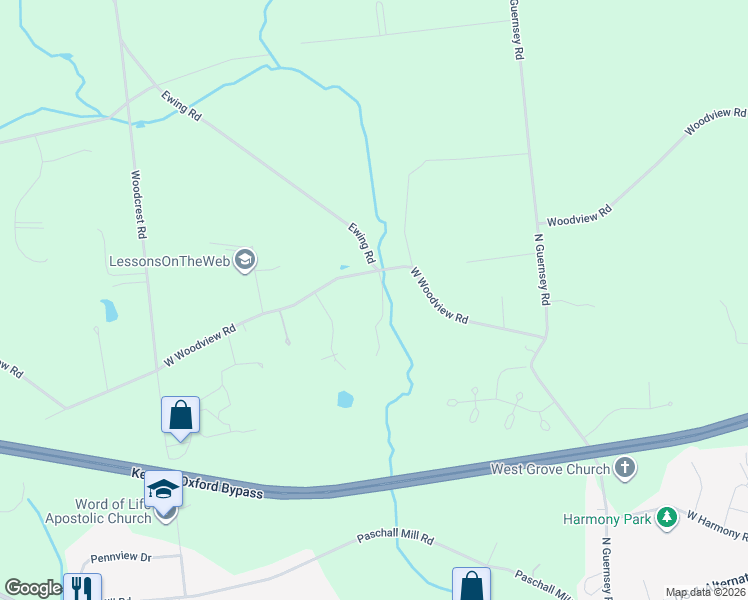 map of restaurants, bars, coffee shops, grocery stores, and more near 223 West Woodview Road in West Grove