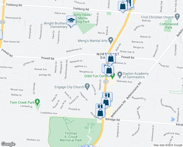 map of restaurants, bars, coffee shops, grocery stores, and more near 5480 Naughton Drive in Dayton