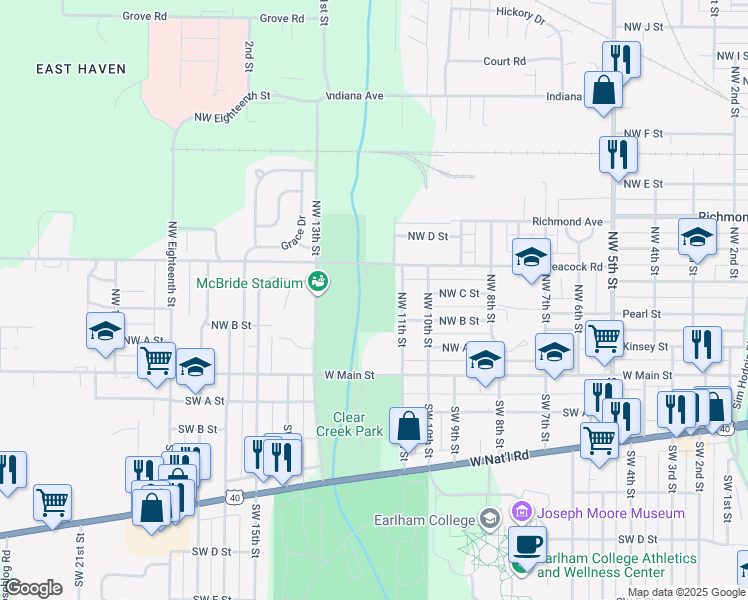 map of restaurants, bars, coffee shops, grocery stores, and more near 1199 Peacock Road in Richmond