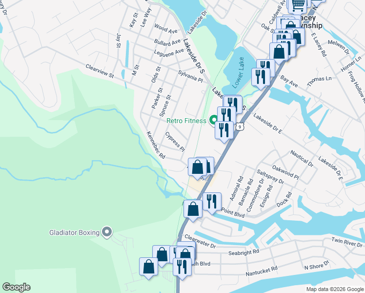 map of restaurants, bars, coffee shops, grocery stores, and more near 1247 Taylor Lane in Lacey Township