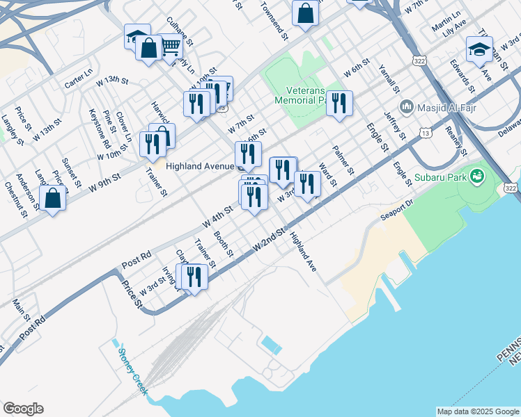 map of restaurants, bars, coffee shops, grocery stores, and more near 2822 West 3rd Street in Chester