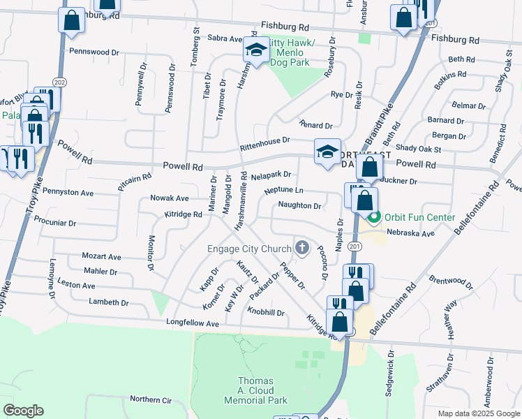 map of restaurants, bars, coffee shops, grocery stores, and more near 4806 Neptune Lane in Dayton