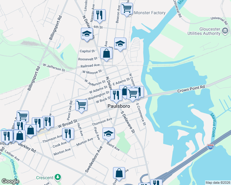map of restaurants, bars, coffee shops, grocery stores, and more near 1211 North Delaware Street in Paulsboro