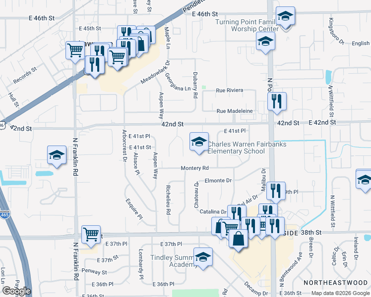 map of restaurants, bars, coffee shops, grocery stores, and more near 4007 Marseille Road in Indianapolis