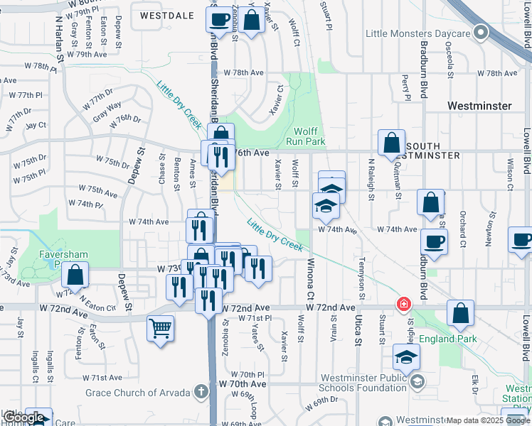 map of restaurants, bars, coffee shops, grocery stores, and more near 5000 West 75th Avenue in Westminster