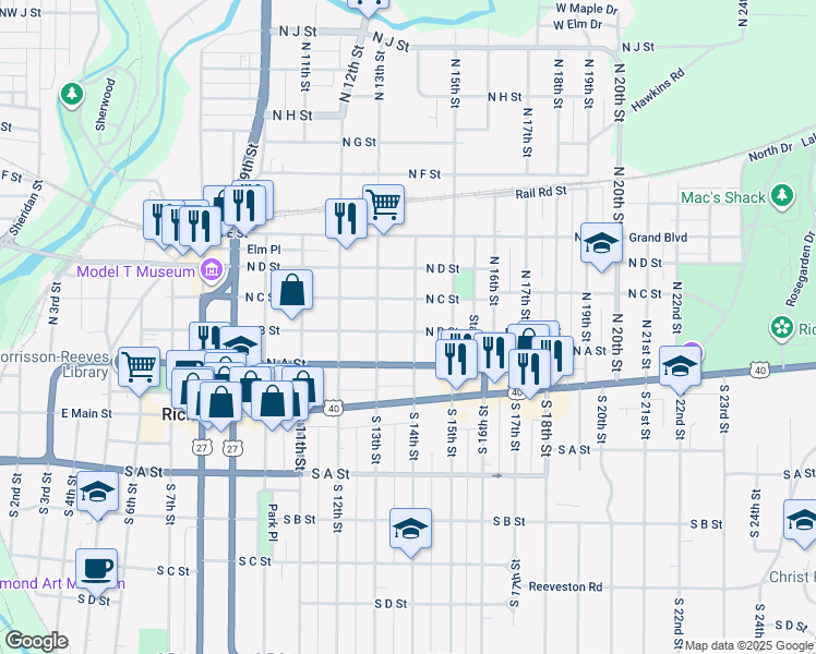 map of restaurants, bars, coffee shops, grocery stores, and more near 106 North 14th Street in Richmond