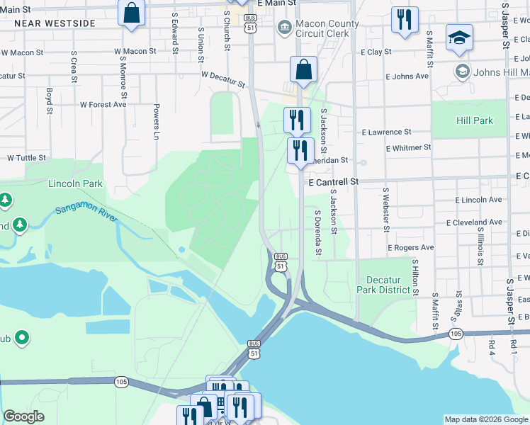 map of restaurants, bars, coffee shops, grocery stores, and more near 957 South Water Street in Decatur
