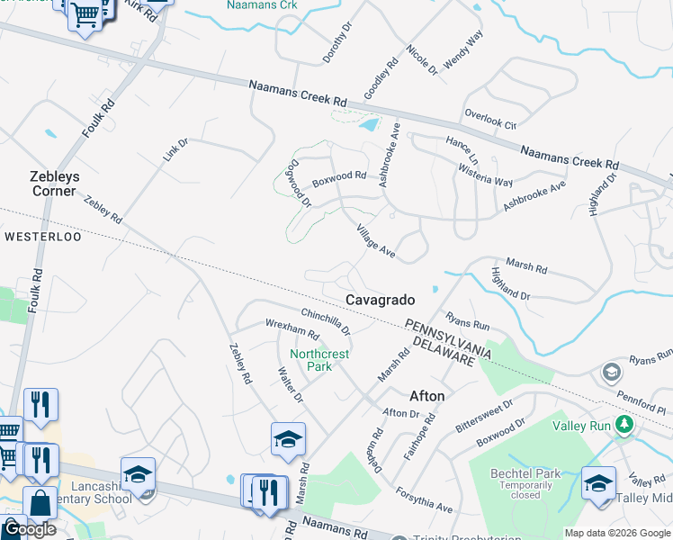 map of restaurants, bars, coffee shops, grocery stores, and more near 5212 Poplar Street in Garnet Valley