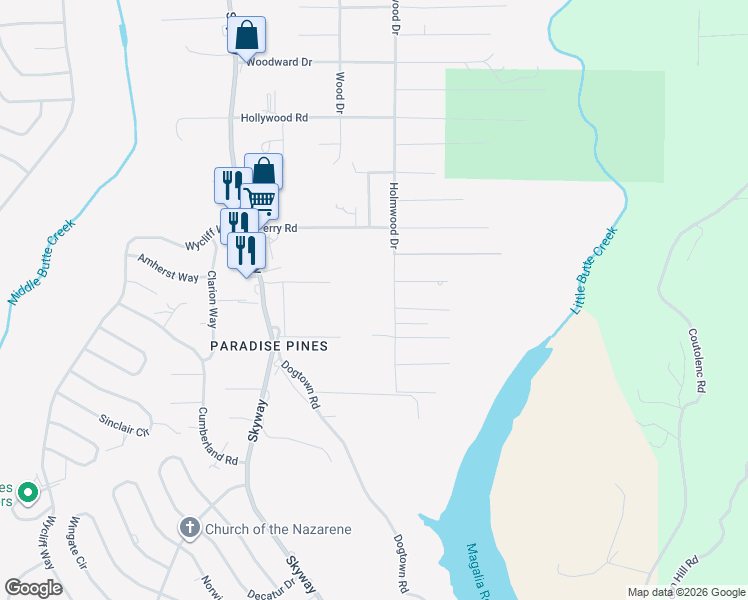 map of restaurants, bars, coffee shops, grocery stores, and more near 14365 Holmwood Drive in Magalia