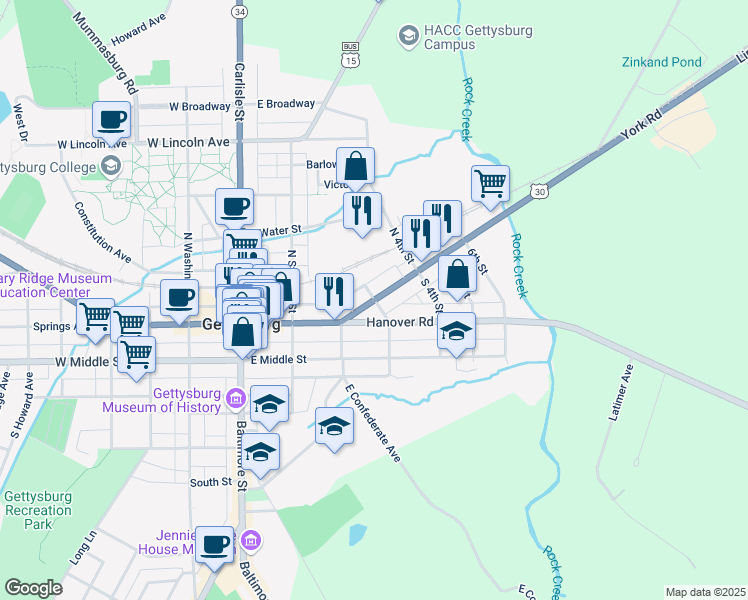 map of restaurants, bars, coffee shops, grocery stores, and more near 290 York Street in Gettysburg