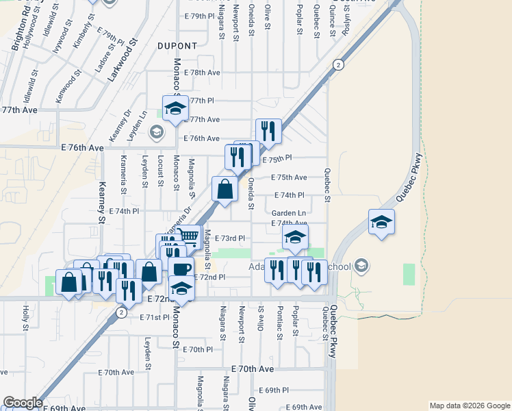 map of restaurants, bars, coffee shops, grocery stores, and more near 7000 Garden Lane in Commerce City