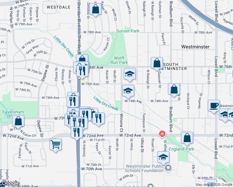 map of restaurants, bars, coffee shops, grocery stores, and more near 7400 Wolff Street in Westminster