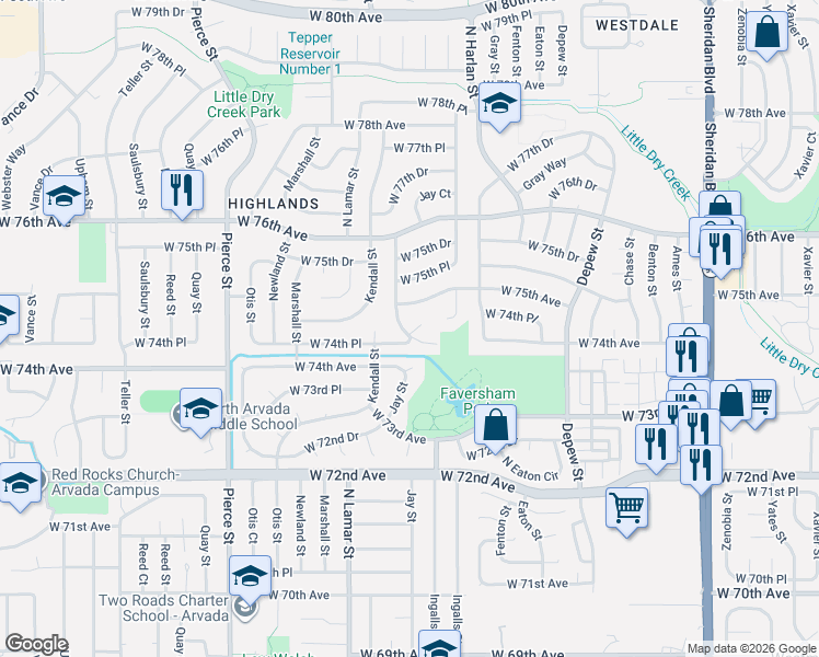 map of restaurants, bars, coffee shops, grocery stores, and more near 7413 Jay Court in Arvada
