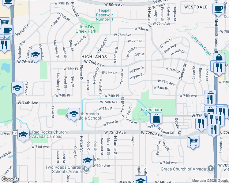map of restaurants, bars, coffee shops, grocery stores, and more near 6360 West 74th Place in Arvada