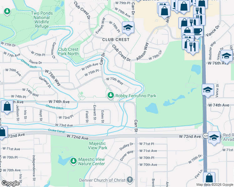 map of restaurants, bars, coffee shops, grocery stores, and more near 8460 West 74th Drive in Arvada